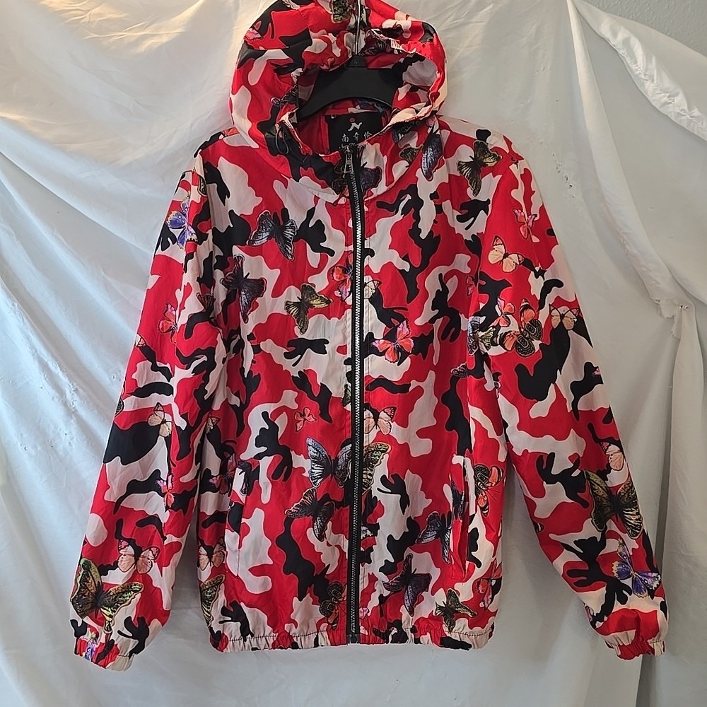 Nan Zhang Lun Women's 3XL Windbreaker Hooded Lightweight‎ Jacket Red W/butterfly